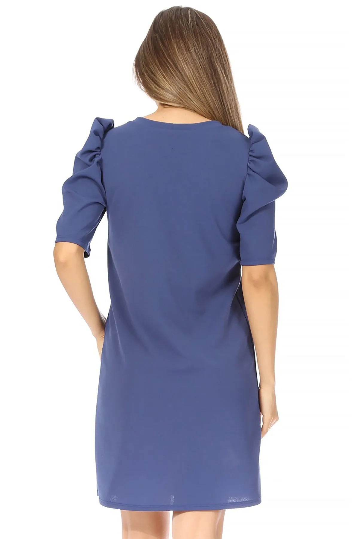 Women's Casual Pull On Solid Round Neck Short Puff Sleeve Stretch Office Midi Dress