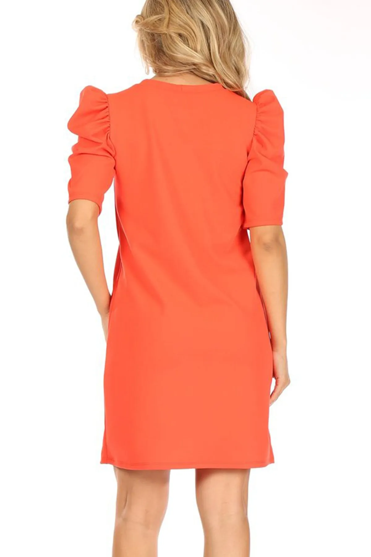 Women's Casual Pull On Solid Round Neck Short Puff Sleeve Stretch Office Midi Dress