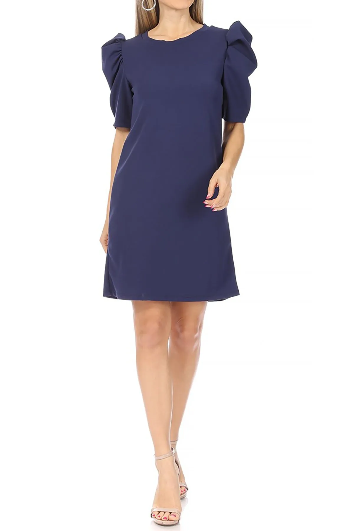Women's Casual Pull On Solid Round Neck Short Puff Sleeve Stretch Office Midi Dress