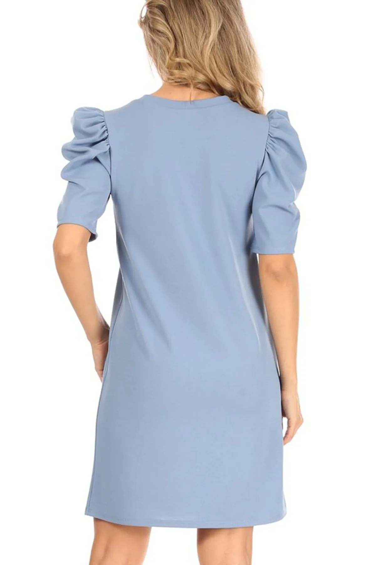 Women's Casual Pull On Solid Round Neck Short Puff Sleeve Stretch Office Midi Dress