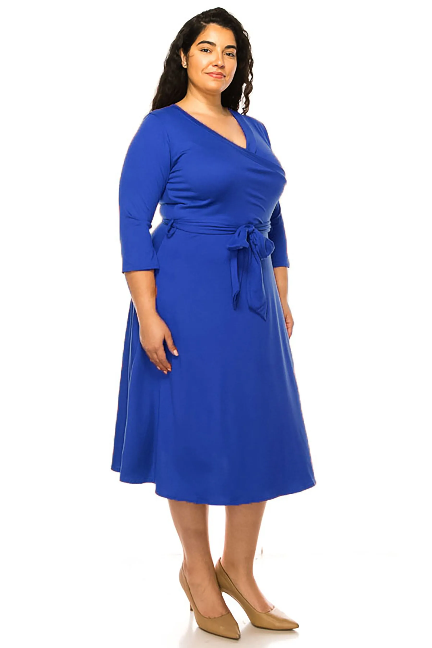 Women's Plus Size Wrap Dress 3/4 Sleeve V Neck Waist Tie