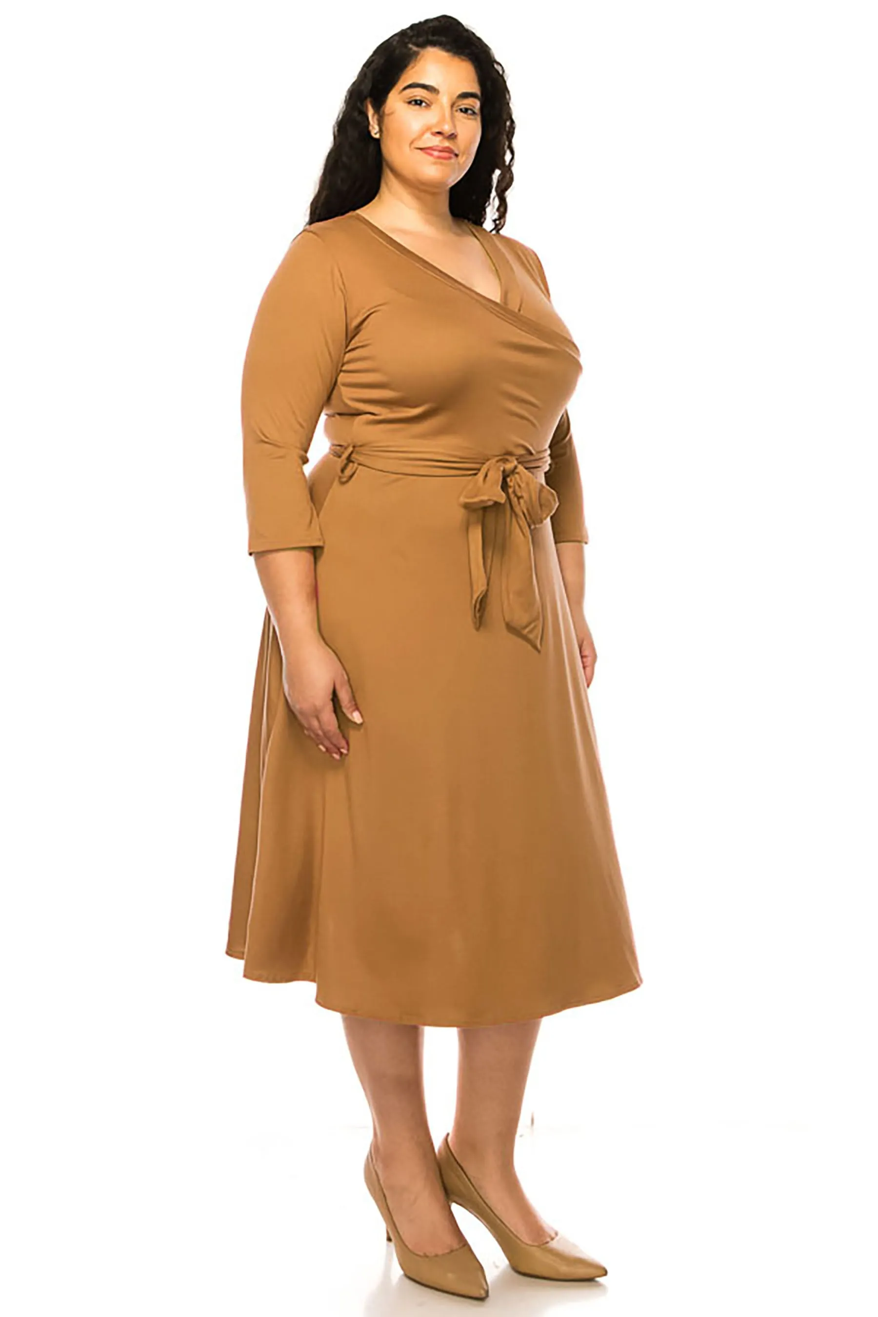 Women's Plus Size Wrap Dress 3/4 Sleeve V Neck Waist Tie