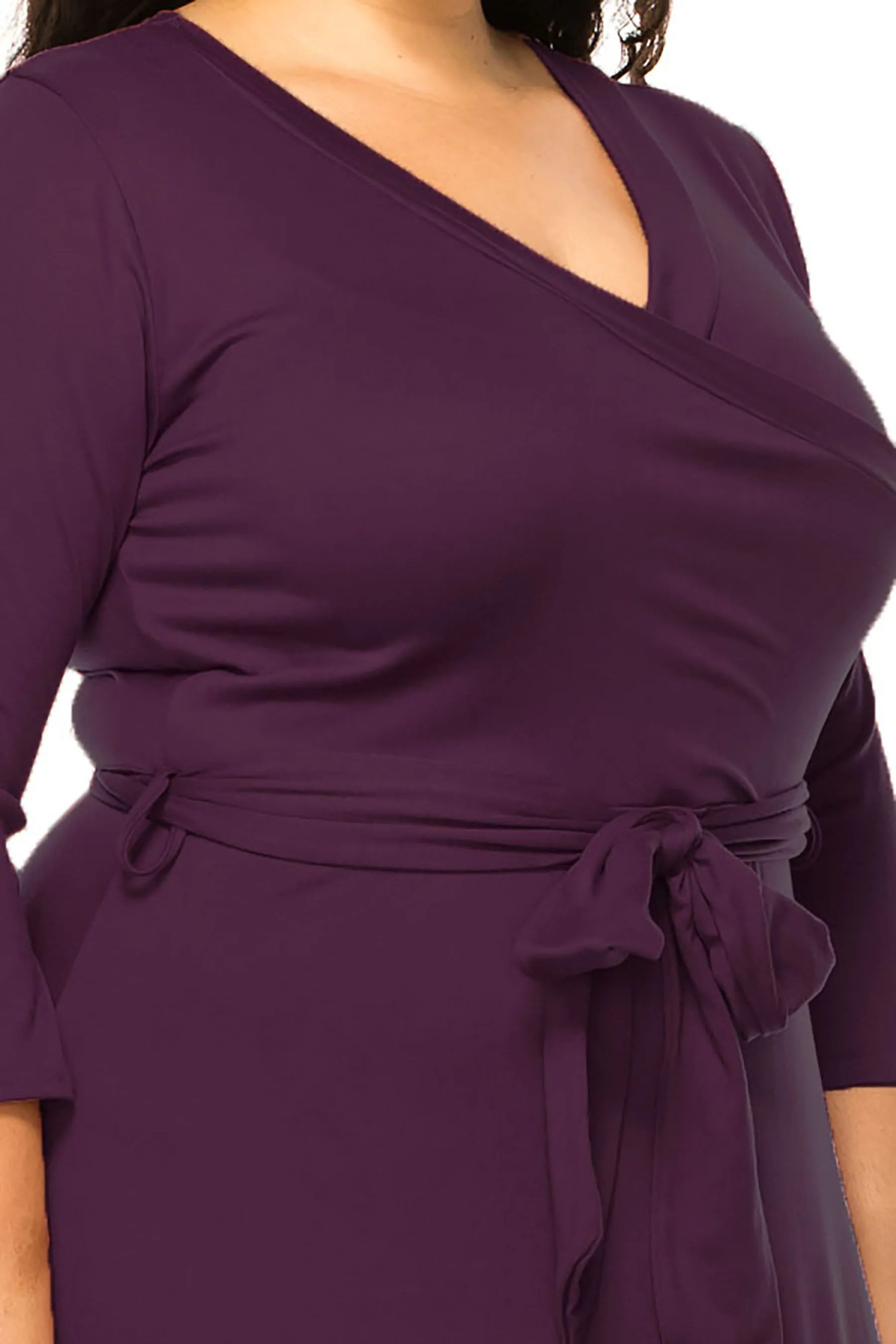 Women's Plus Size Wrap Dress 3/4 Sleeve V Neck Waist Tie