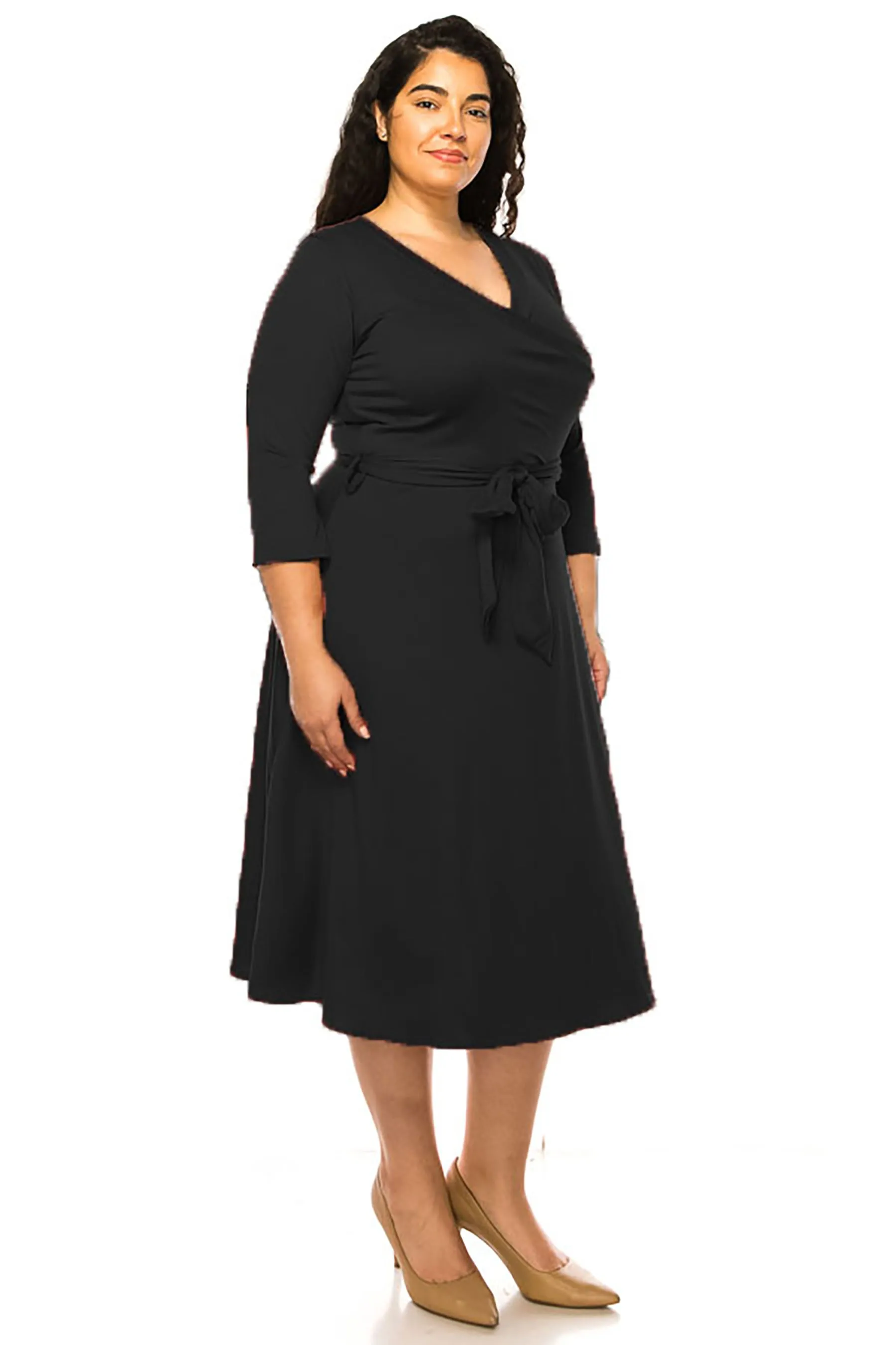 Women's Plus Size Wrap Dress 3/4 Sleeve V Neck Waist Tie