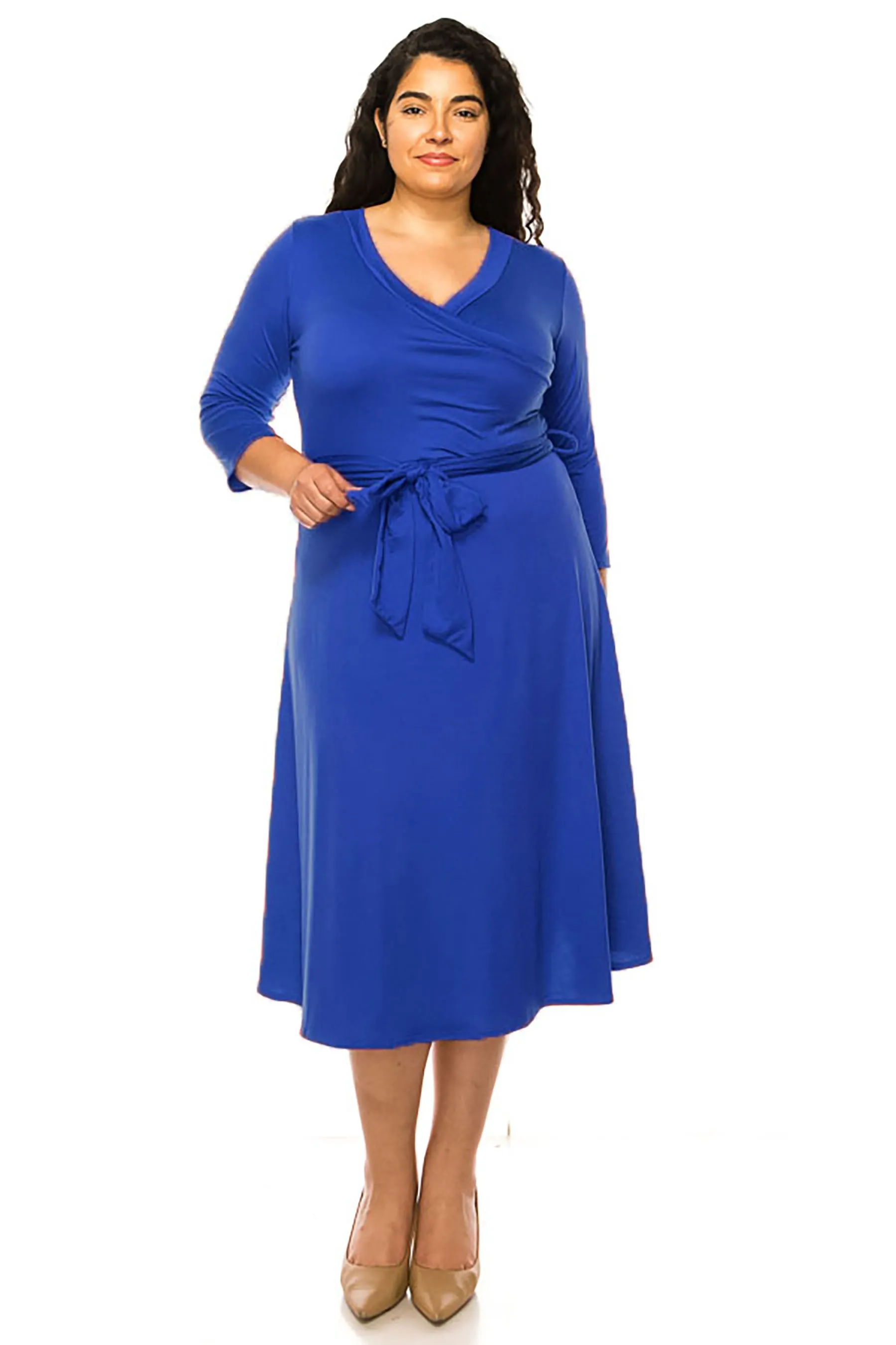 Women's Plus Size Wrap Dress 3/4 Sleeve V Neck Waist Tie