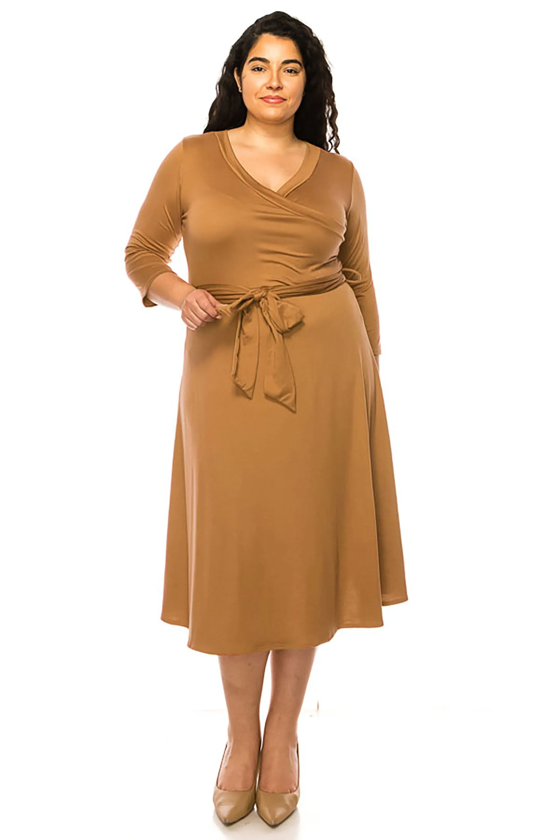 Women's Plus Size Wrap Dress 3/4 Sleeve V Neck Waist Tie