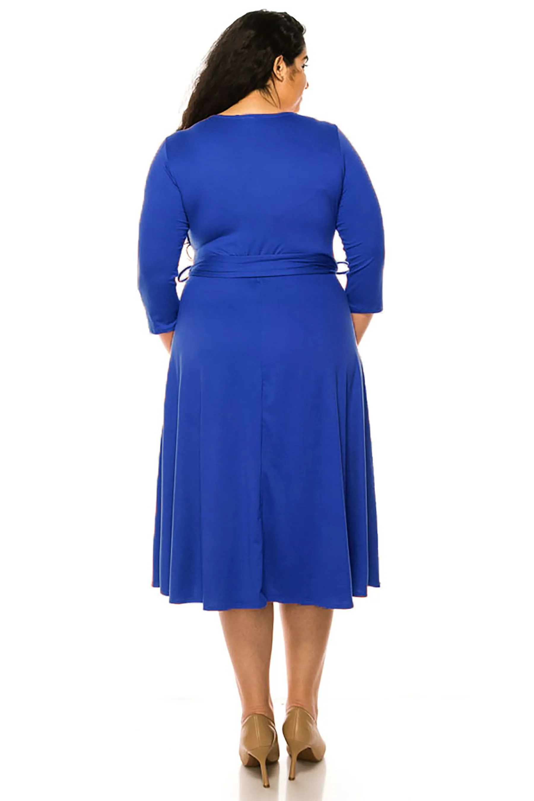 Women's Plus Size Wrap Dress 3/4 Sleeve V Neck Waist Tie