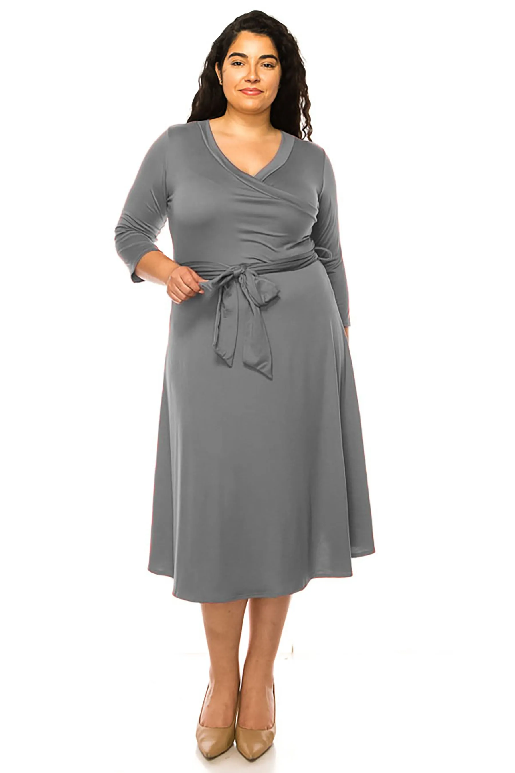 Women's Plus Size Wrap Dress 3/4 Sleeve V Neck Waist Tie