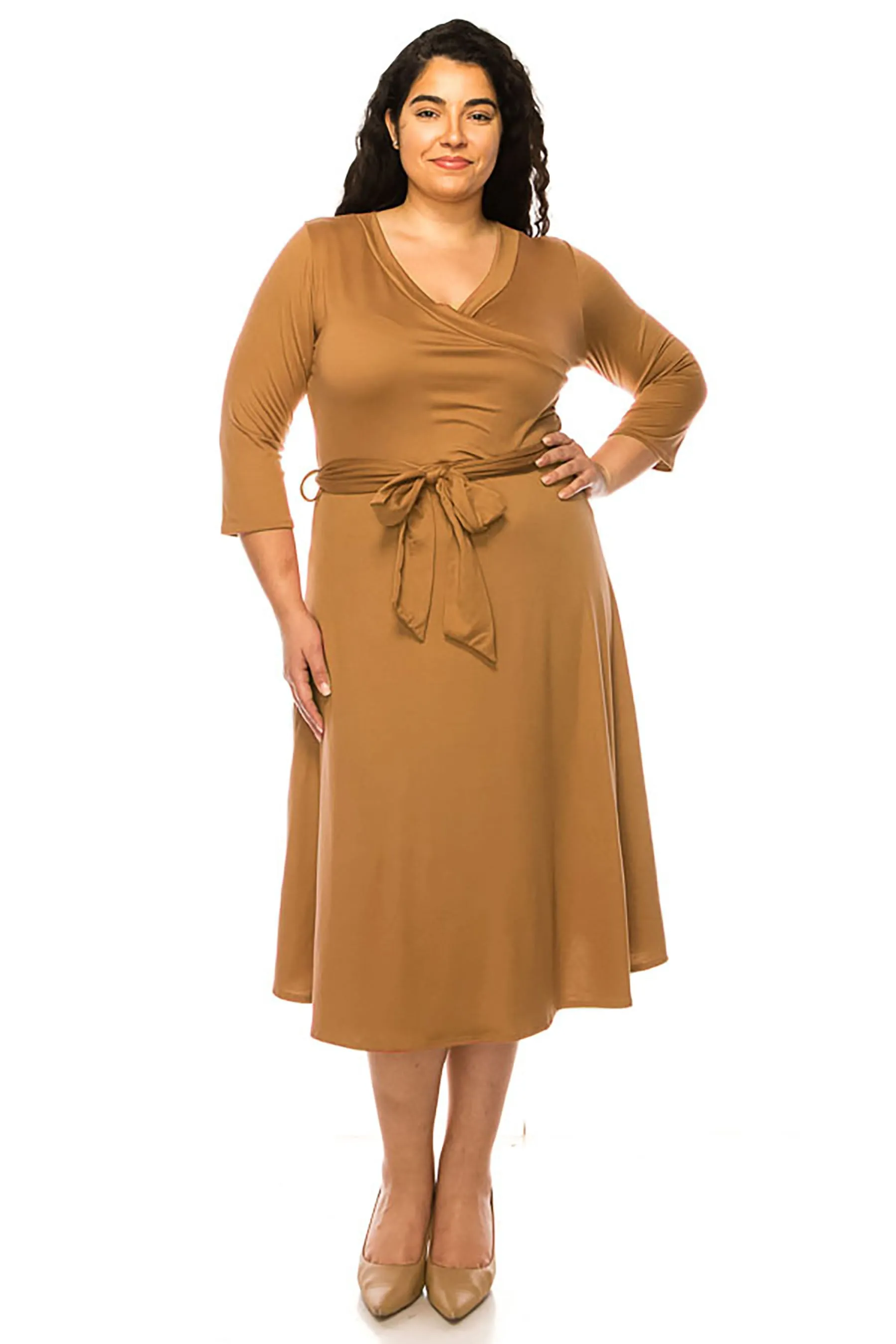 Women's Plus Size Wrap Dress 3/4 Sleeve V Neck Waist Tie