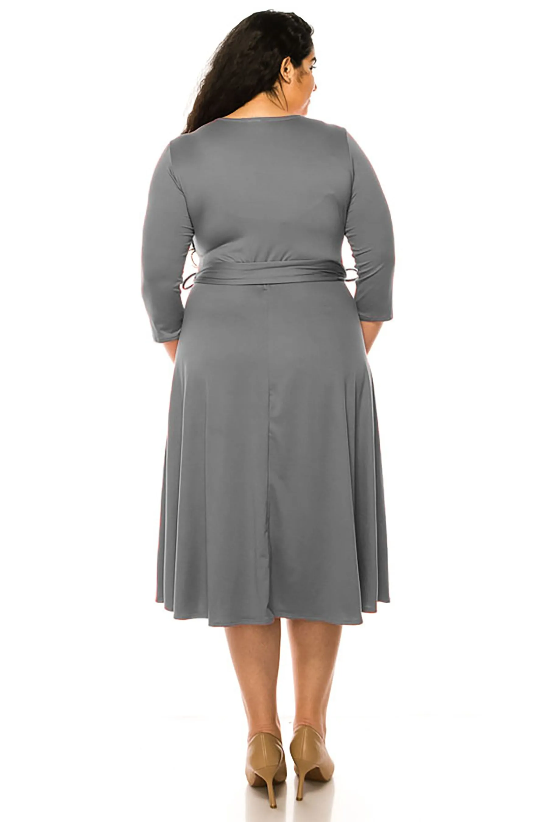 Women's Plus Size Wrap Dress 3/4 Sleeve V Neck Waist Tie