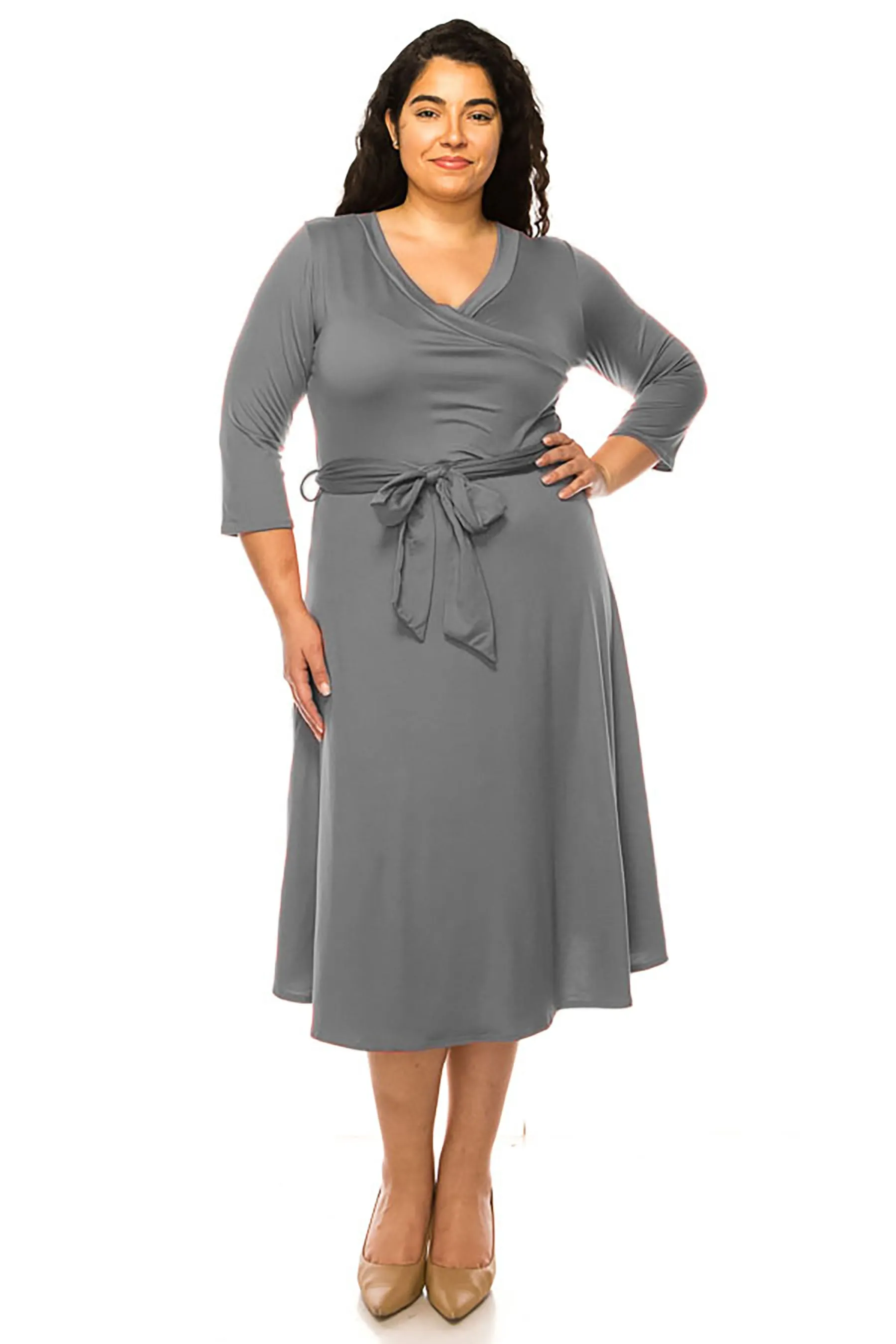 Women's Plus Size Wrap Dress 3/4 Sleeve V Neck Waist Tie