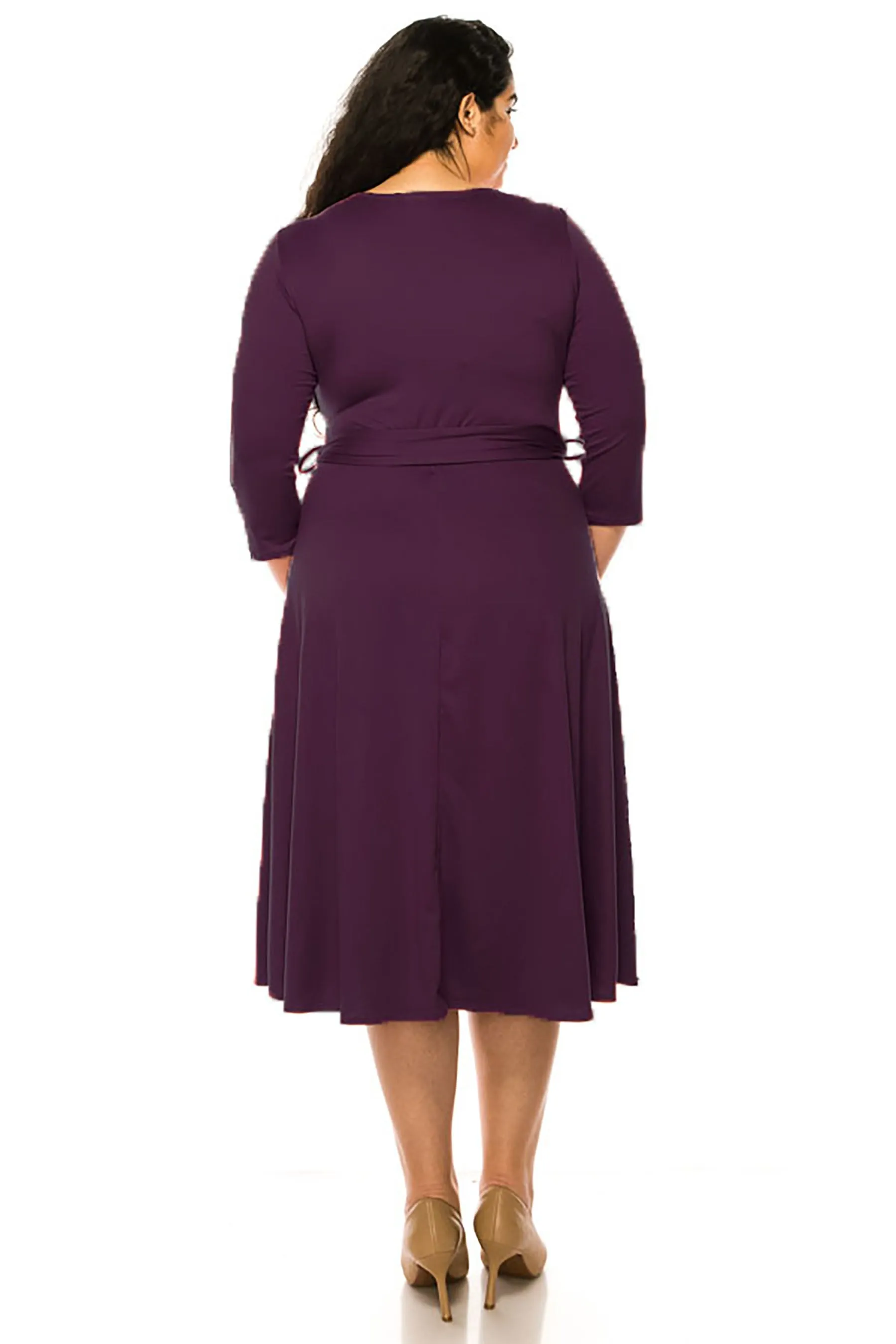 Women's Plus Size Wrap Dress 3/4 Sleeve V Neck Waist Tie