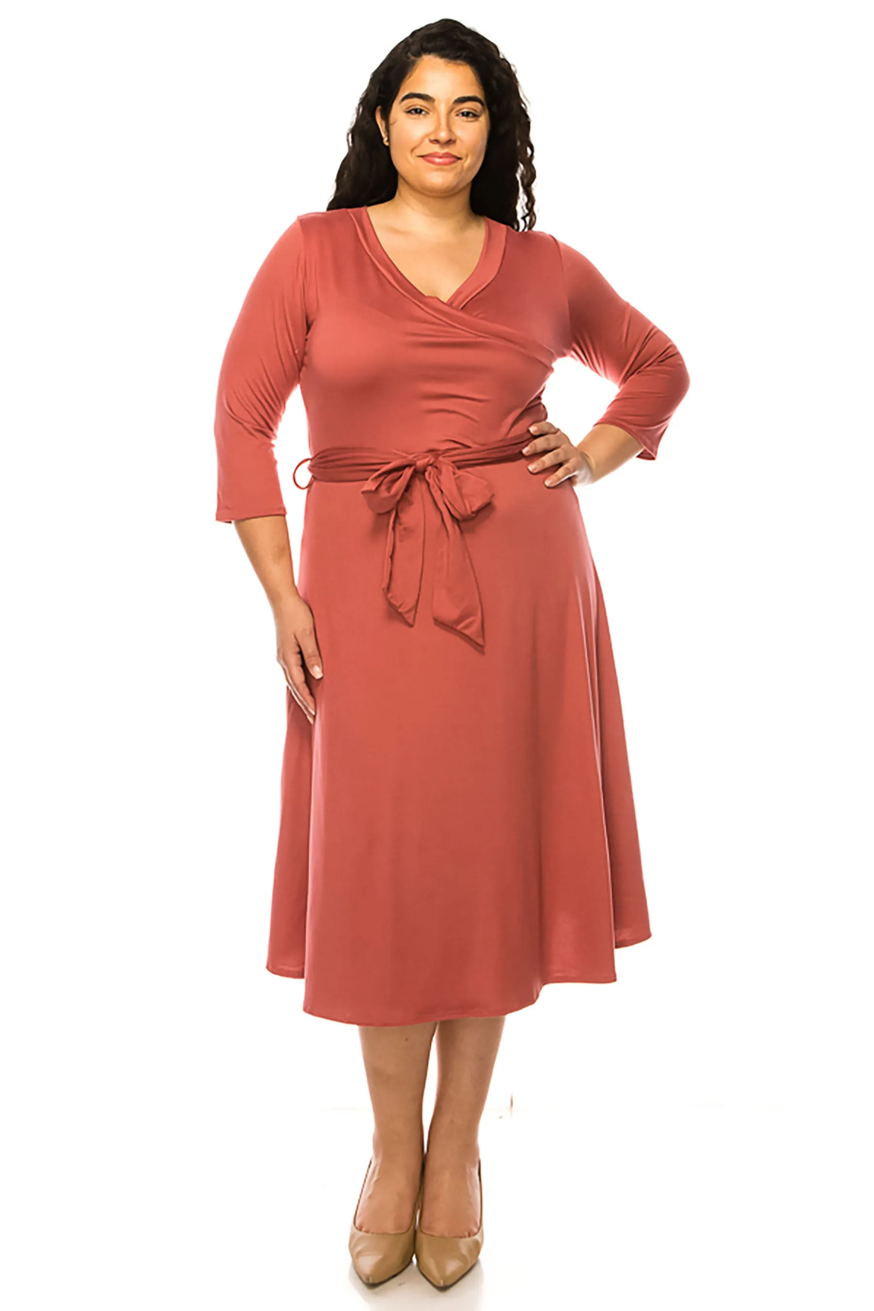 Women's Plus Size Wrap Dress 3/4 Sleeve V Neck Waist Tie
