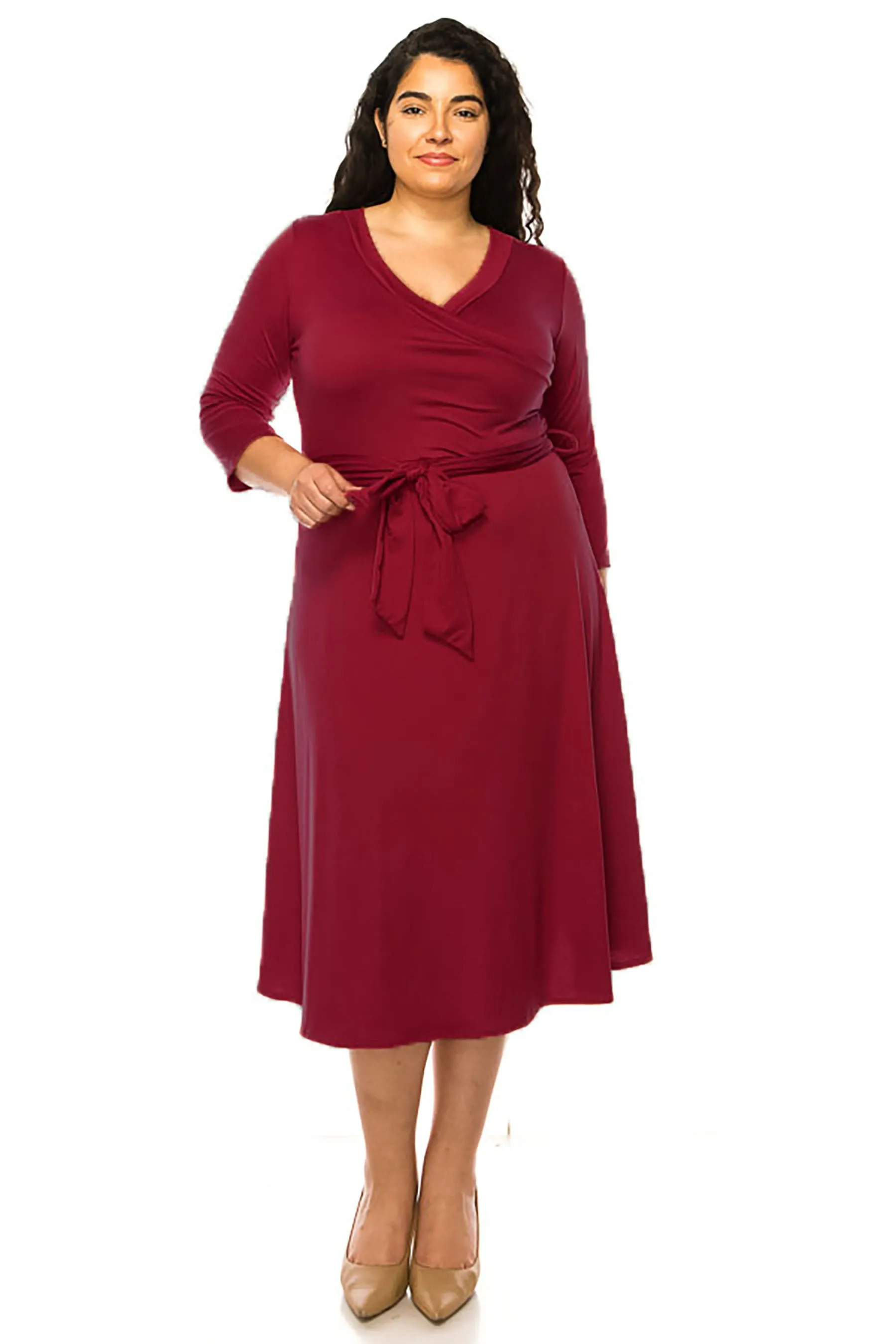Women's Plus Size Wrap Dress 3/4 Sleeve V Neck Waist Tie