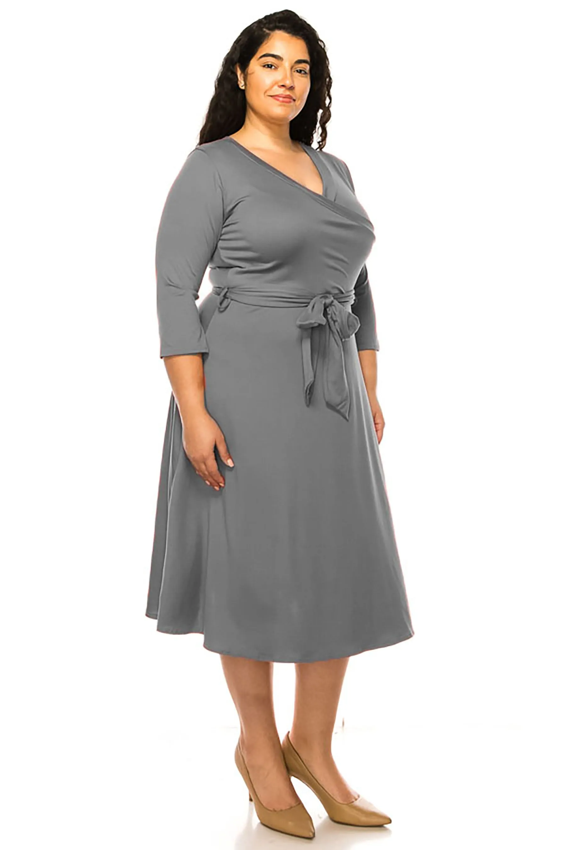 Women's Plus Size Wrap Dress 3/4 Sleeve V Neck Waist Tie