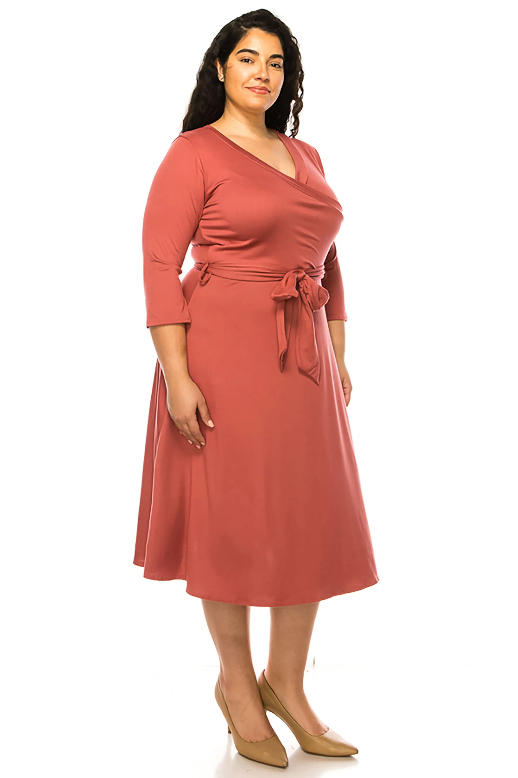 Women's Plus Size Wrap Dress 3/4 Sleeve V Neck Waist Tie