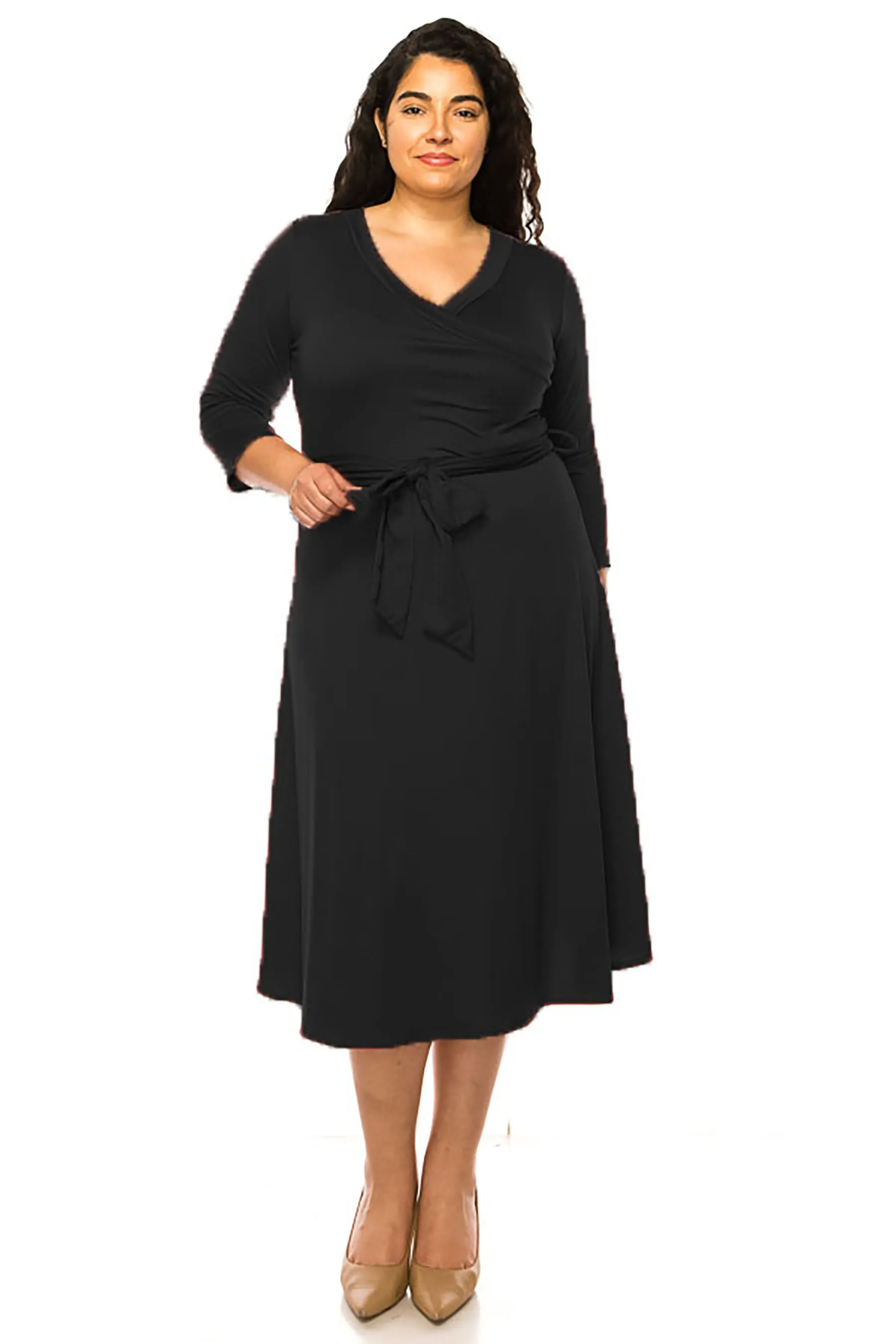 Women's Plus Size Wrap Dress 3/4 Sleeve V Neck Waist Tie