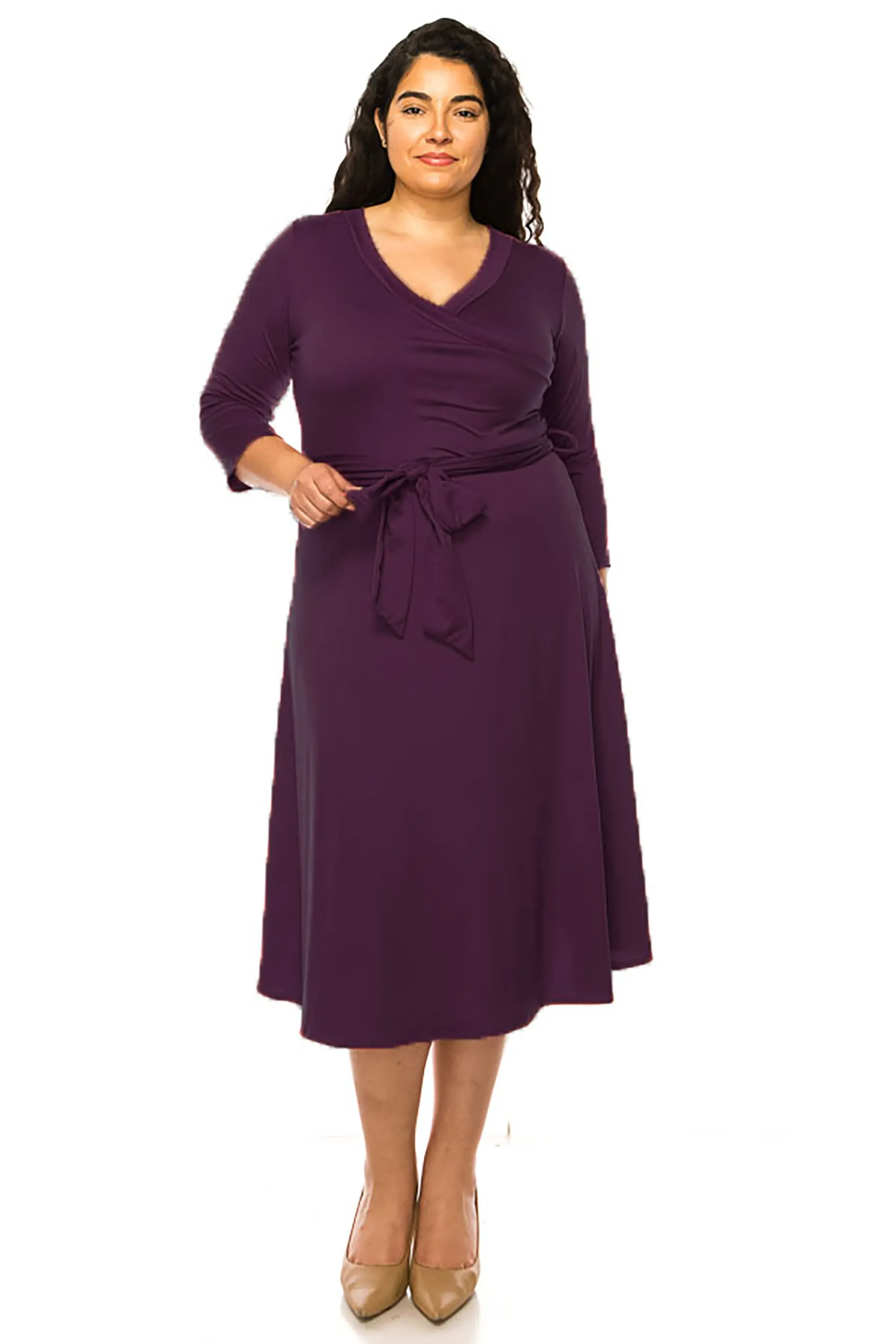 Women's Plus Size Wrap Dress 3/4 Sleeve V Neck Waist Tie