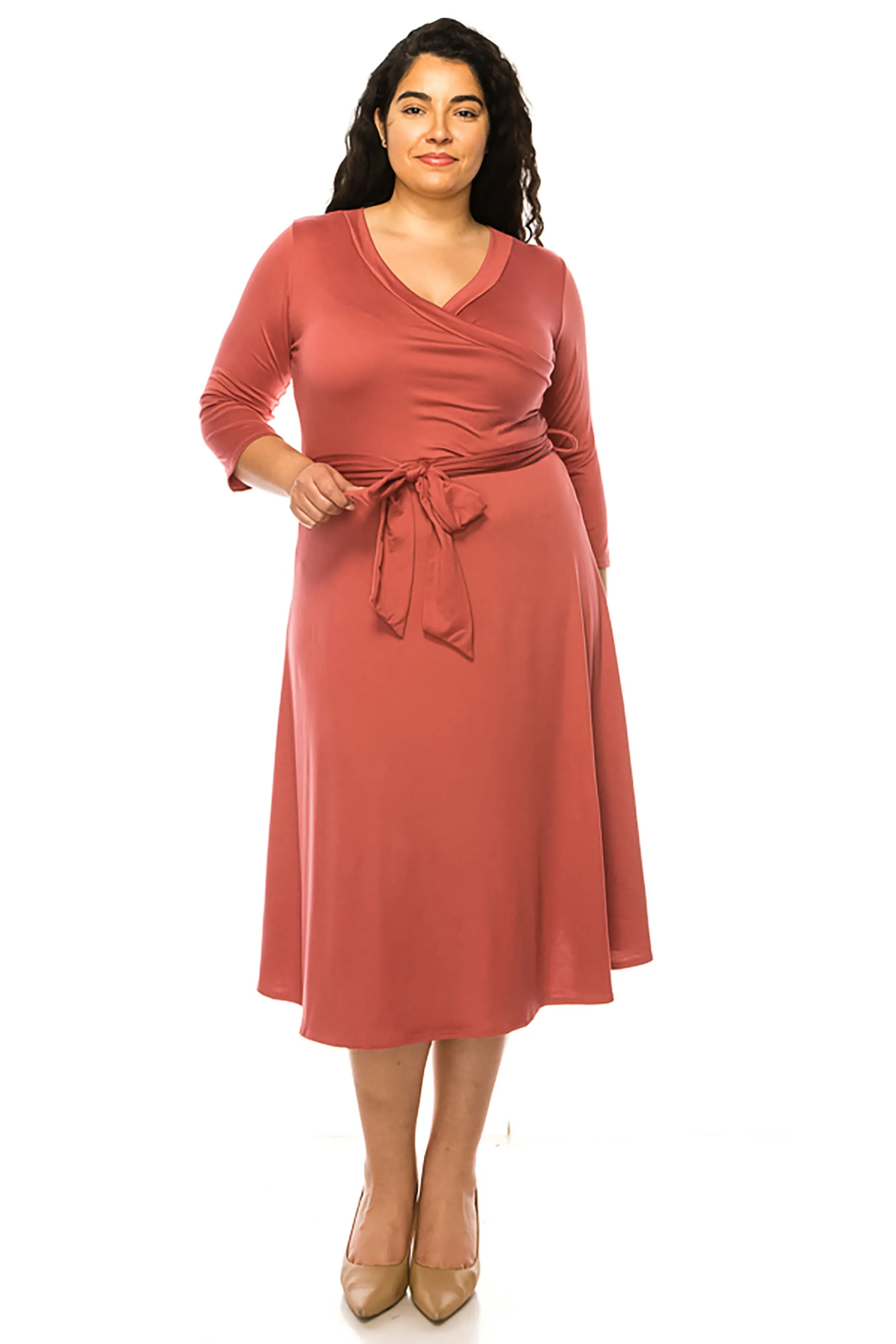 Women's Plus Size Wrap Dress 3/4 Sleeve V Neck Waist Tie