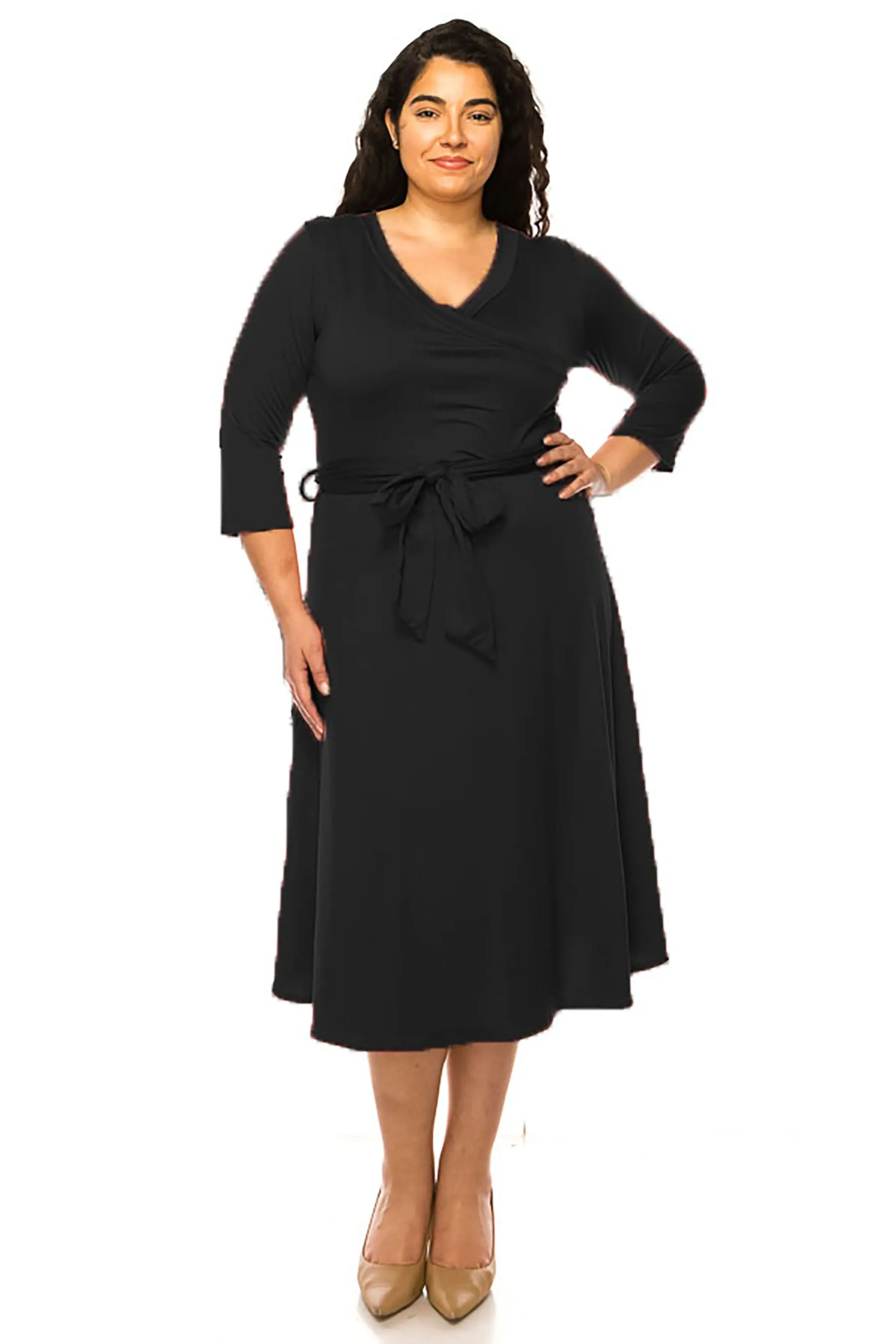 Women's Plus Size Wrap Dress 3/4 Sleeve V Neck Waist Tie