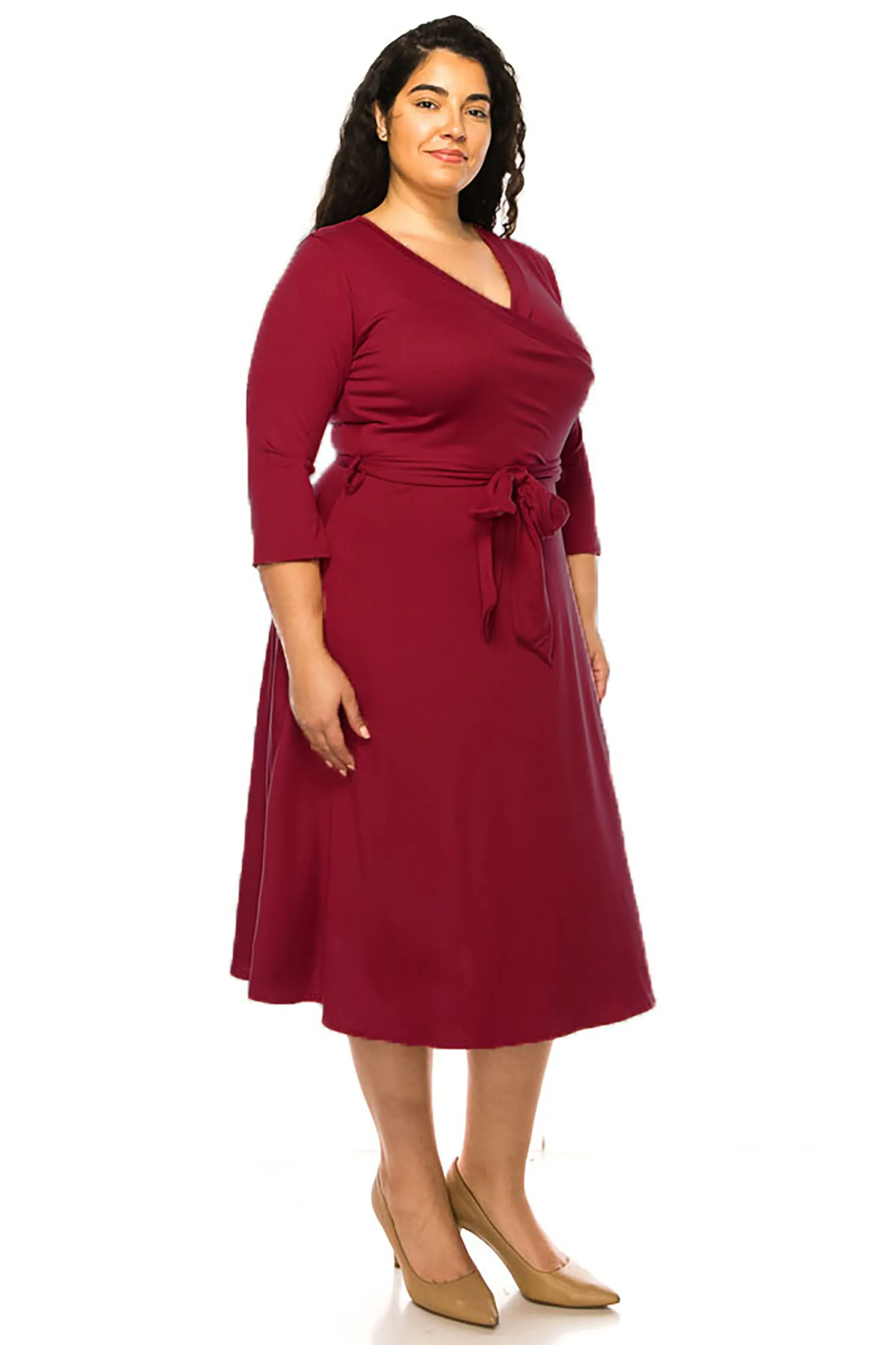 Women's Plus Size Wrap Dress 3/4 Sleeve V Neck Waist Tie