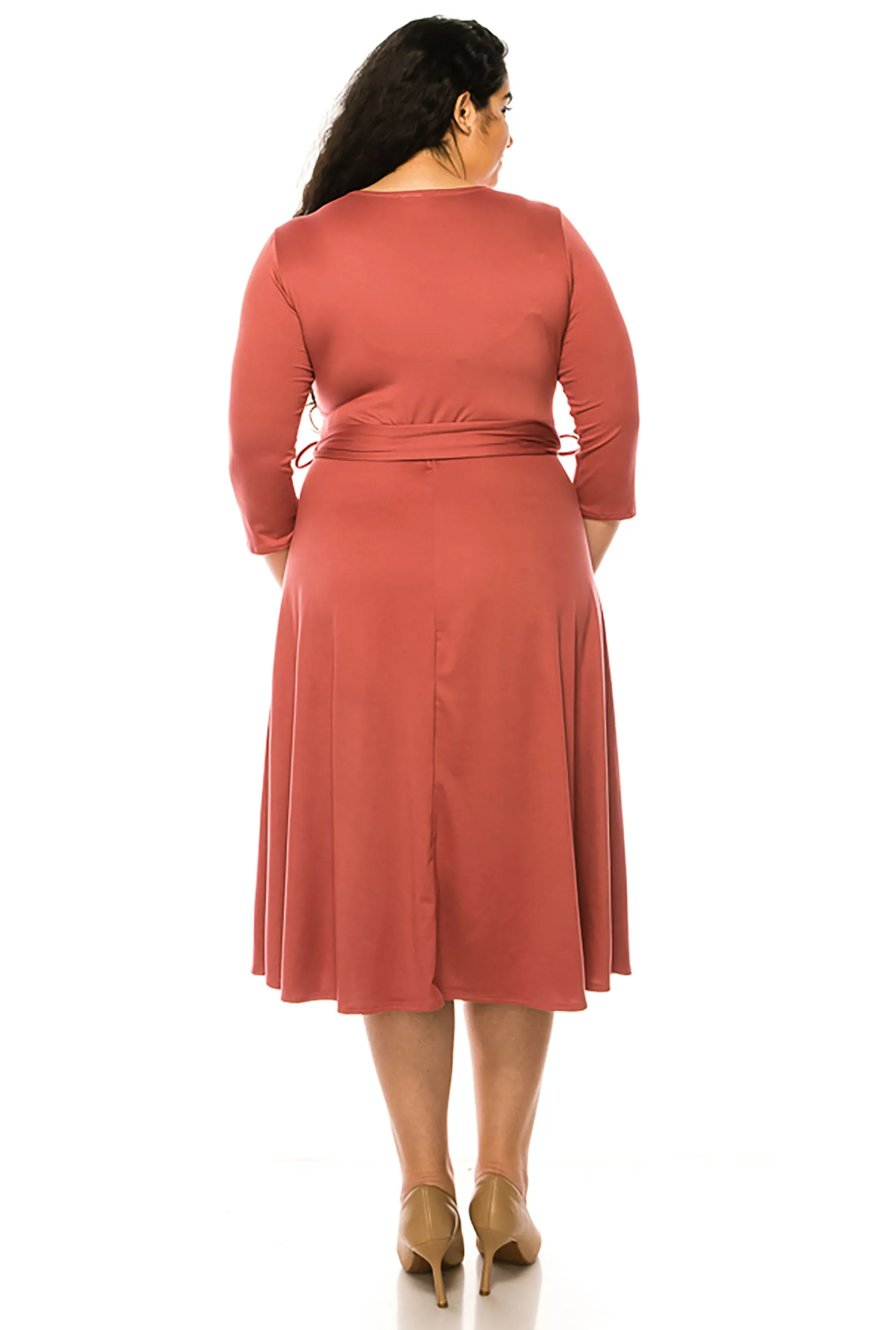 Women's Plus Size Wrap Dress 3/4 Sleeve V Neck Waist Tie