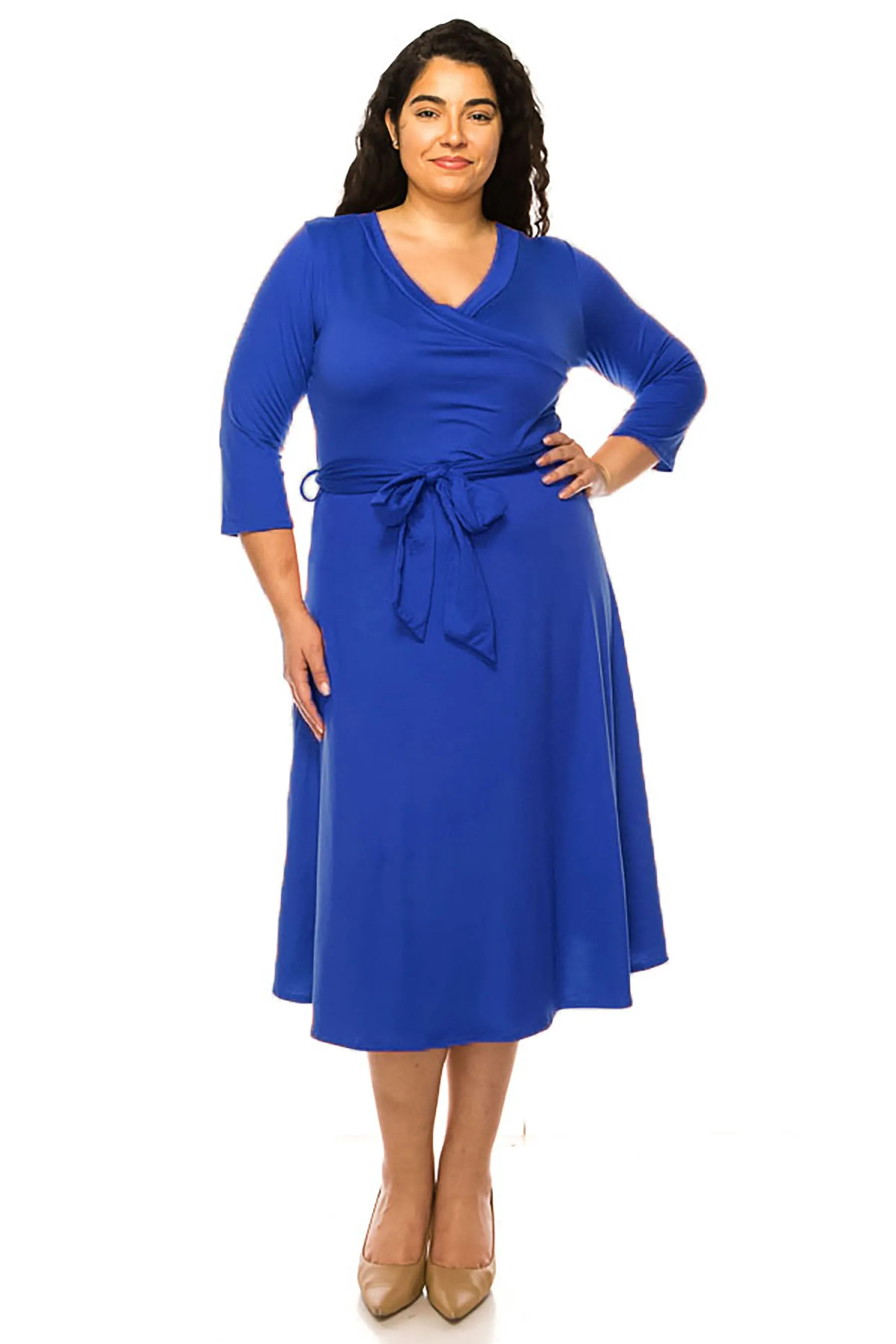 Women's Plus Size Wrap Dress 3/4 Sleeve V Neck Waist Tie