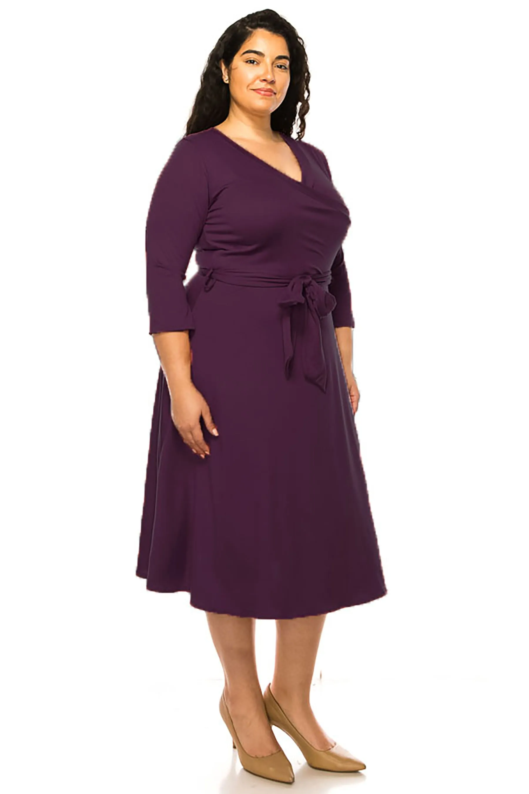 Women's Plus Size Wrap Dress 3/4 Sleeve V Neck Waist Tie