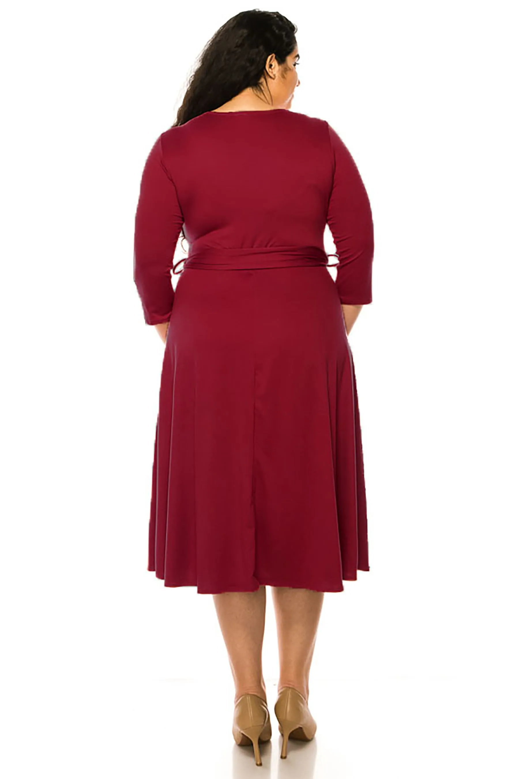 Women's Plus Size Wrap Dress 3/4 Sleeve V Neck Waist Tie