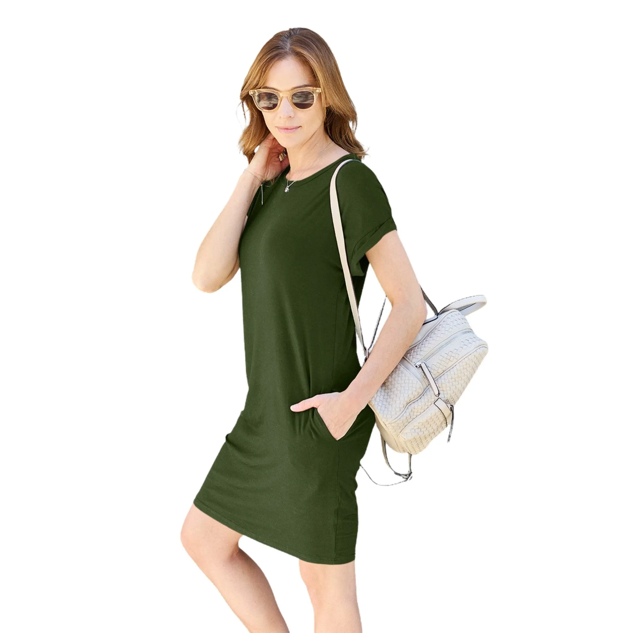 Women's Round Neck Short Sleeve Casual Dress with Pockets