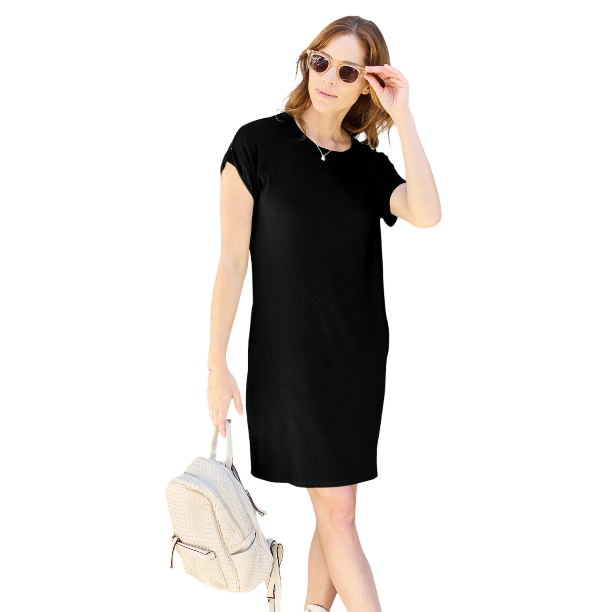 Women's Round Neck Short Sleeve Casual Dress with Pockets