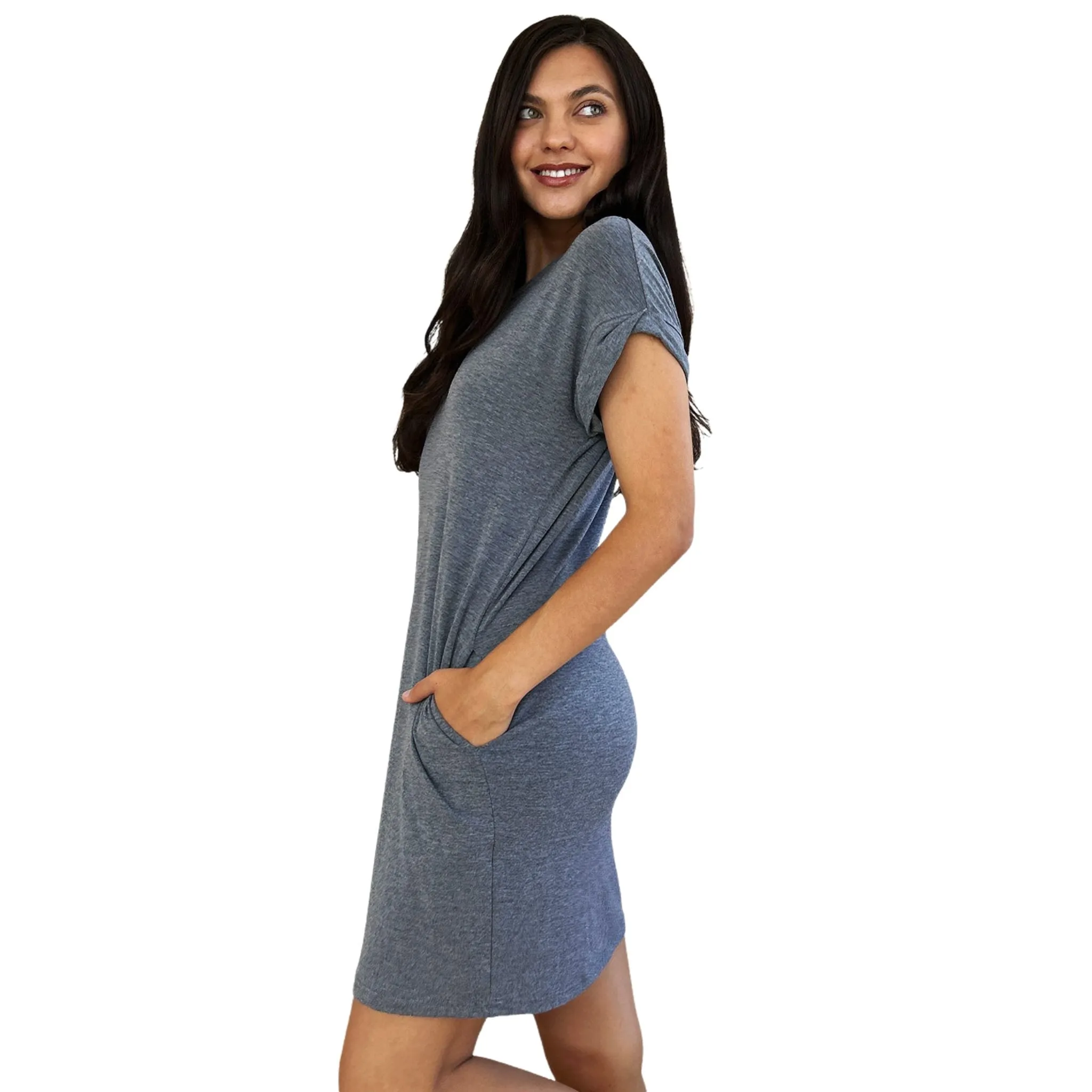 Women's Round Neck Short Sleeve Casual Dress with Pockets