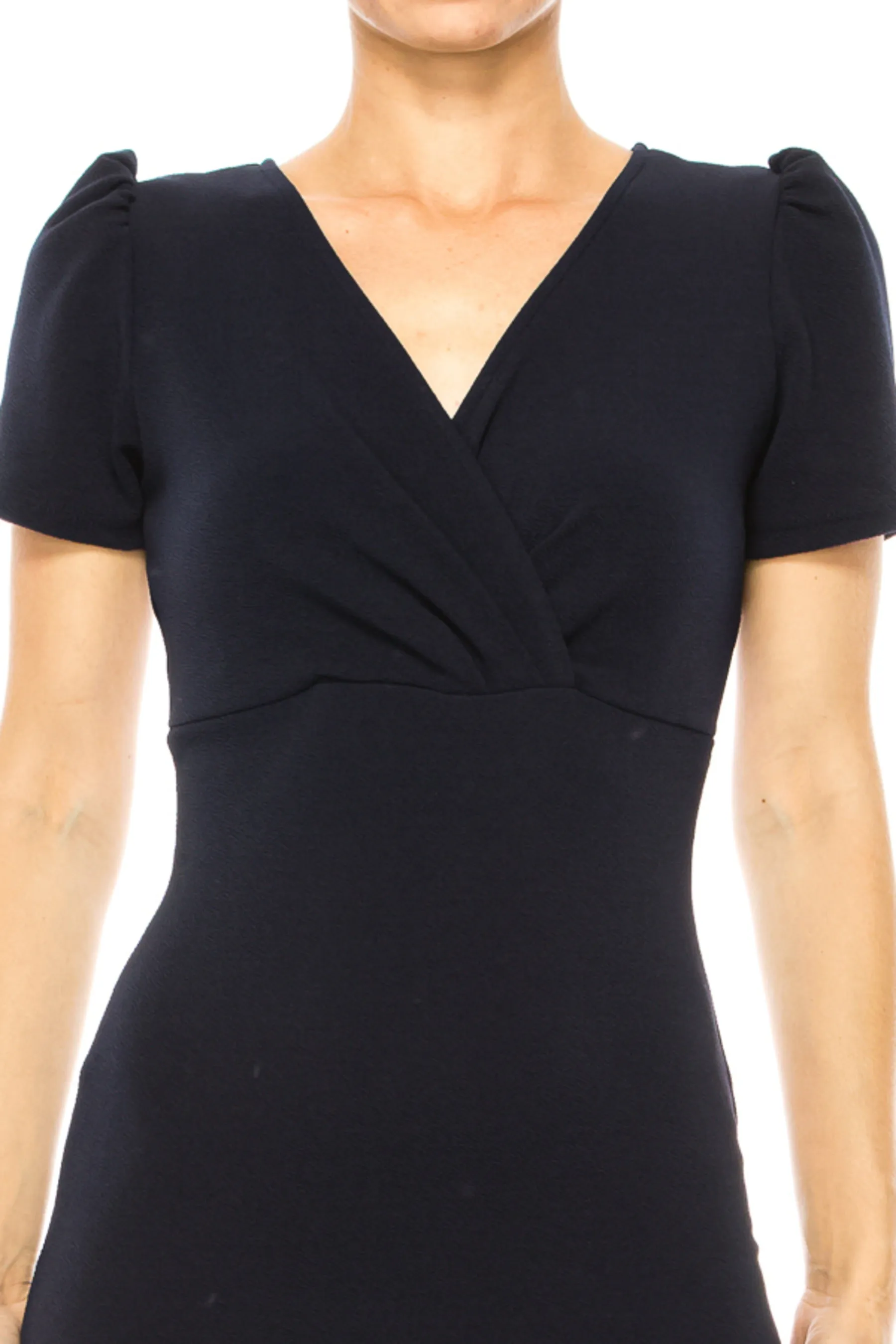 Women's Solid Dress with a V-Neckline Puff Sleeves