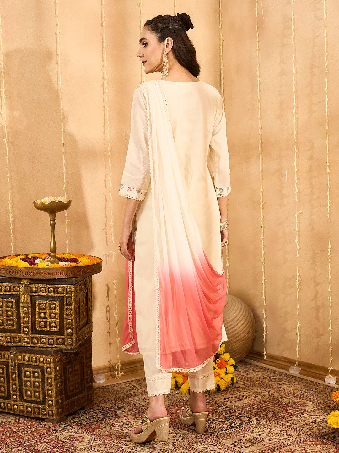 ZOLA Round neck Cotton All Over Floral Embroidery Cream Straight Kurta Set with Dupatta For Women