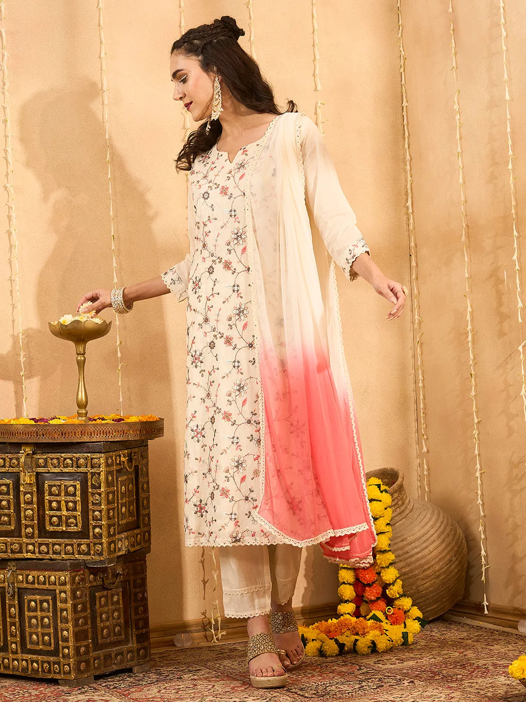 ZOLA Round neck Cotton All Over Floral Embroidery Cream Straight Kurta Set with Dupatta For Women