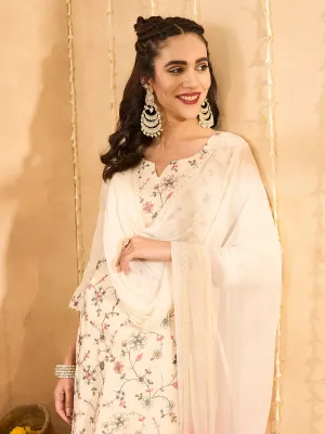 ZOLA Round neck Cotton All Over Floral Embroidery Cream Straight Kurta Set with Dupatta For Women