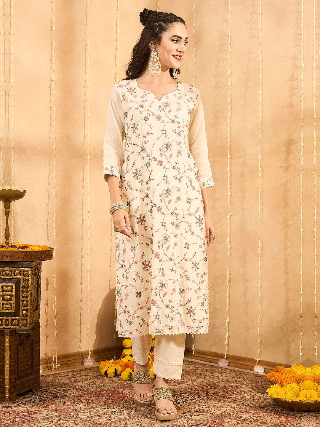 ZOLA Round neck Cotton All Over Floral Embroidery Cream Straight Kurta Set with Dupatta For Women