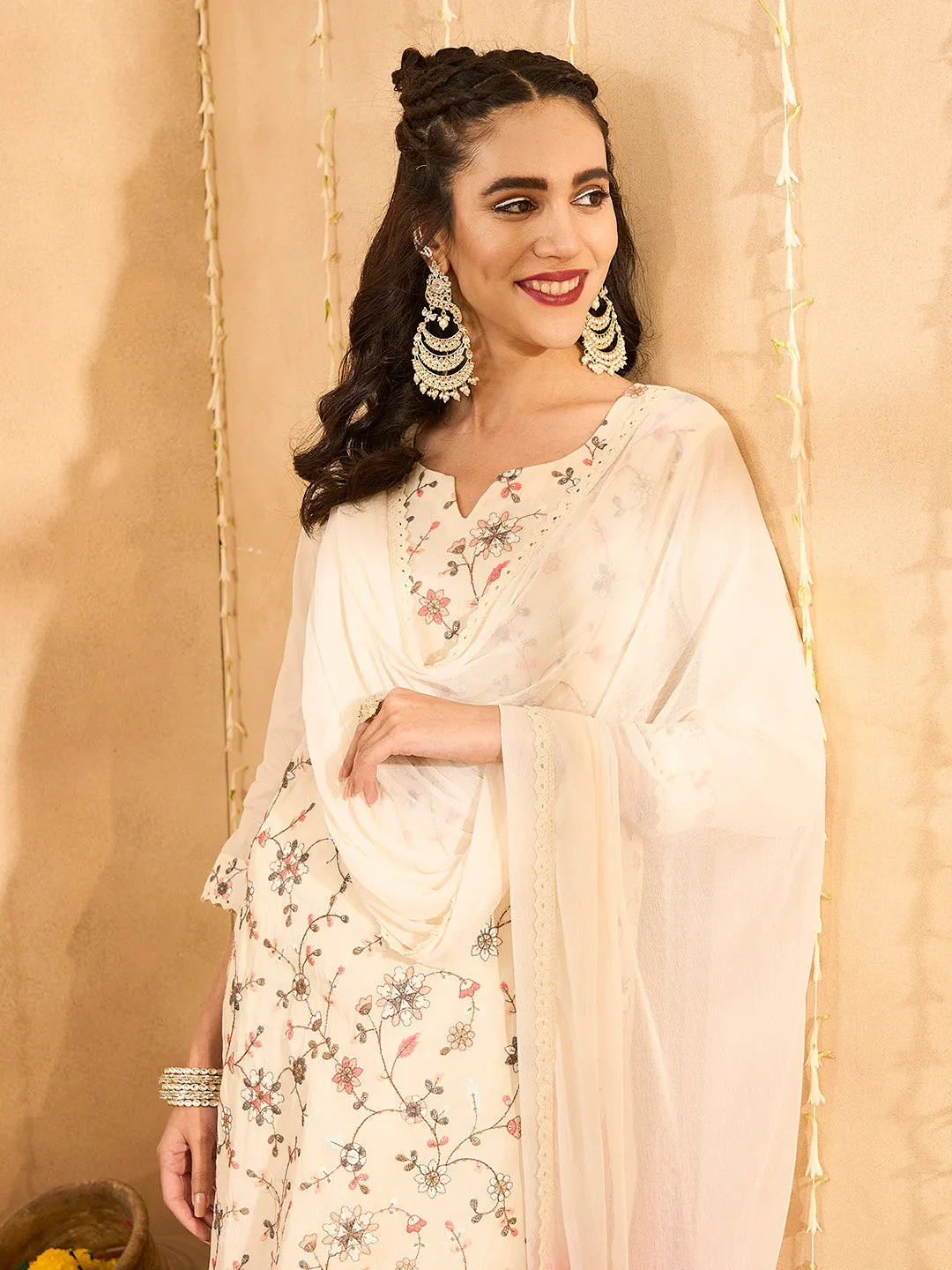ZOLA Round neck Cotton All Over Floral Embroidery Cream Straight Kurta Set with Dupatta For Women