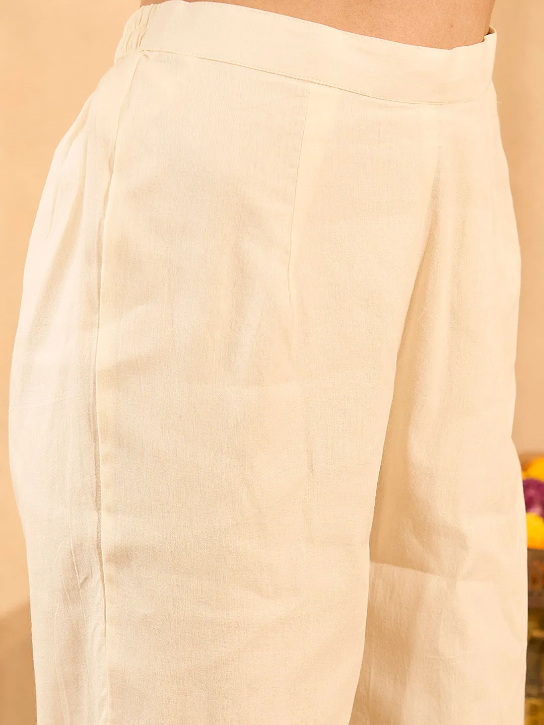 ZOLA Round neck Cotton All Over Floral Embroidery Cream Straight Kurta Set with Dupatta For Women